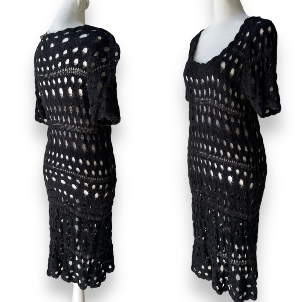 New Kial Black Crochet Knit Short Sleeve Midi Dress or Swim Cover | Large - Picture 4 of 12